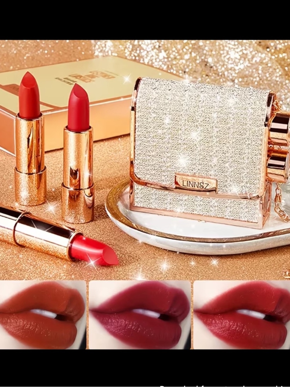 Linnsz Women’s Lipstick Trio w Leather Bag, Red & Coral Shades